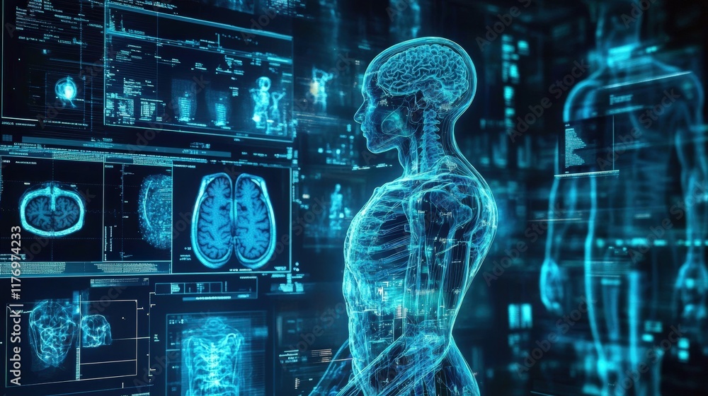Poster futuristic medical ai system analyzing human neurological processes with advanced visualization tech
