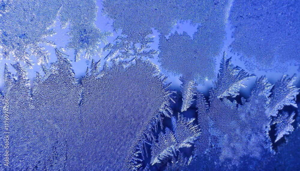 Aufkleber Macro View of Frost Patterns on Glass with Feathery Crystals and Dew Drops, Capturing Nature’s Frozen Abstract Art for Winter Themes