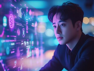 Young Korean Man Engaging with Holographic Financial Graphs in Modern Digital Space