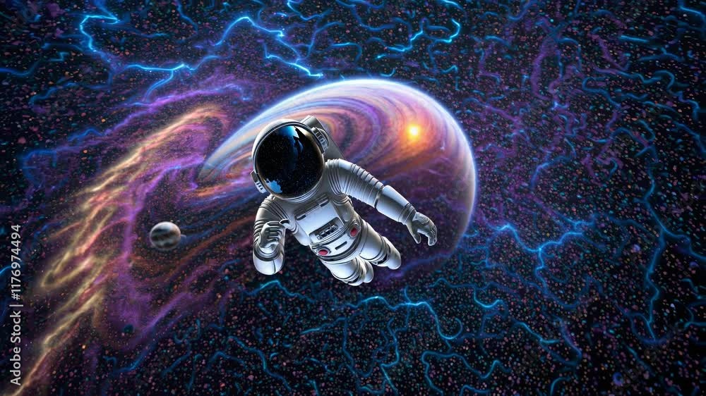 Poster exploration of deep space with an astronaut drifting between colorful planets and swirling galaxies