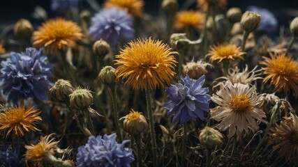 Yellow flowers blooming in a sunny garden and a vibrant field