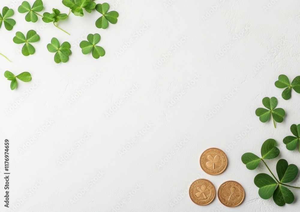 Poster shamrocks and gold coins on textured white background