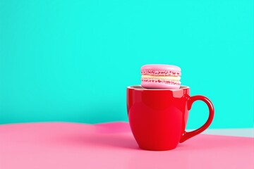 Pink macaron on red cup against vibrant turquoise and pink background.