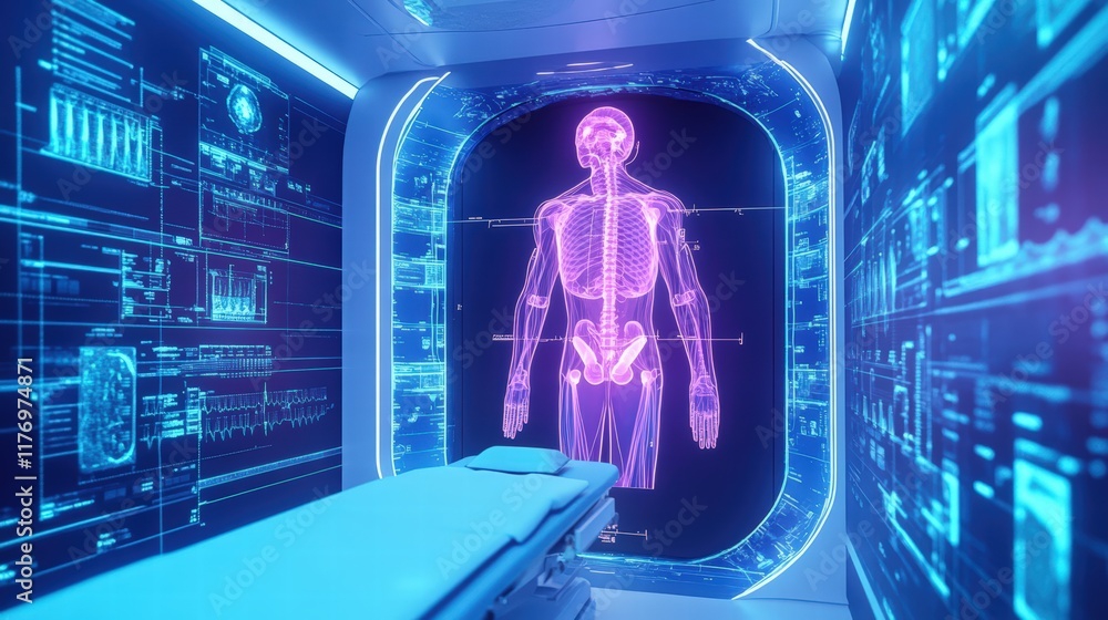 Poster advanced ai medical system visualizing human anatomy with futuristic interface and interactive displ