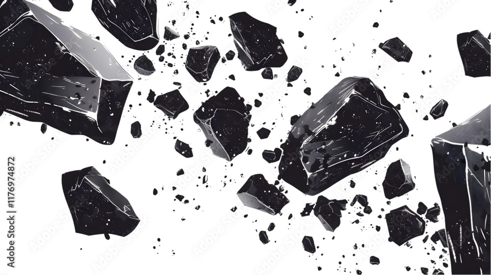 Poster flying asteroids transparent, space rocks and meteorites in various sizes isolated on a transparent 