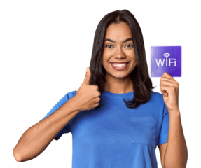 Young filipino woman showing "wifi" access