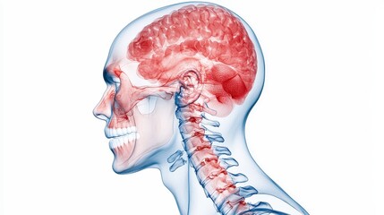 Detailed Anatomical Illustration of Human Head and Brain with Neck Structure in Vibrant Colors