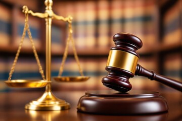 Gavel and Scales of Justice in a Courtroom Setting.