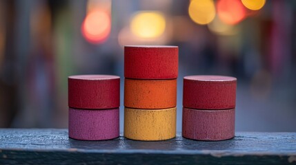 Colorful wooden blocks stacked on a table in a lively twilight market
