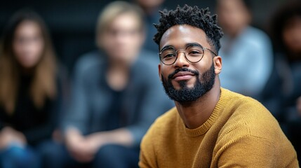 Smiling man with glasses engages in discussion during a group event at a community center