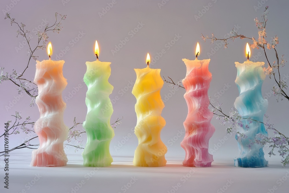 Poster Colorful twisted candles lit in a serene setting creating a calming atmosphere