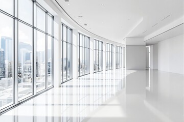 Bright modern empty room with large floor-to-ceiling windows overlooking an urban cityscape, clean and minimalist design concept.