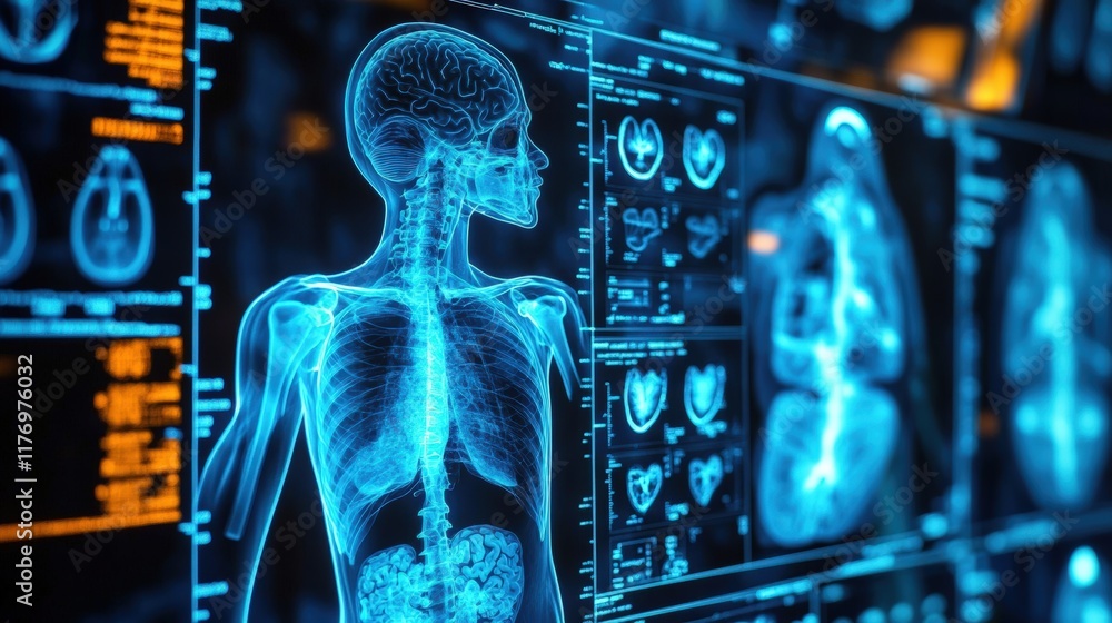 Poster human anatomy visualization through advanced ai systems and imaging technology showcasing detailed b