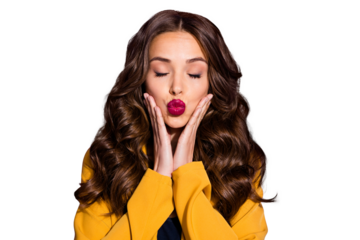 Photo of charming perfect girlfriend plumping you while isolated with purple background