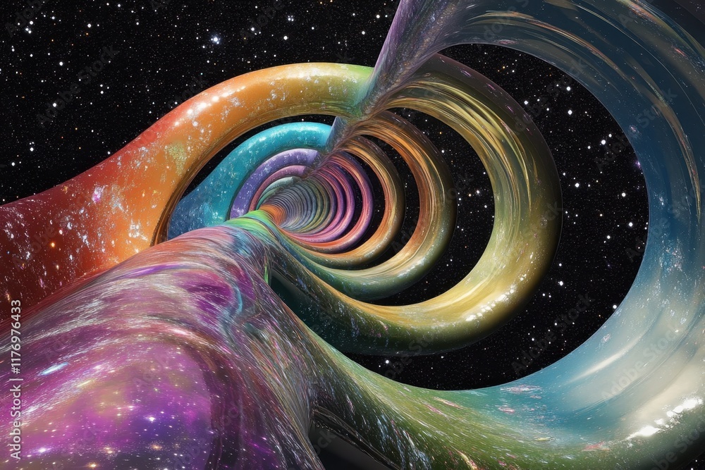 Poster cosmic tunnel with colorful swirls transporting through the universe at night