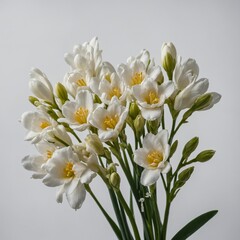 A delicate spray of white freesia flowers with a subtle white background.