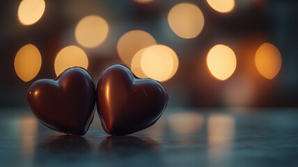 Two chocolate hearts, a Valentine's Day theme, on a table with bokeh lights in the background