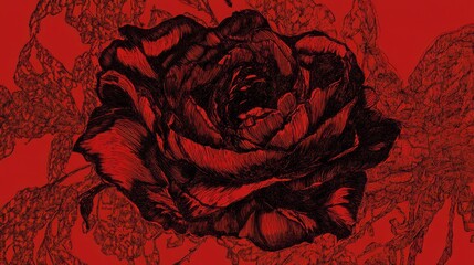 Intricate Dark Red Rose Illustration, Detailed Floral Art