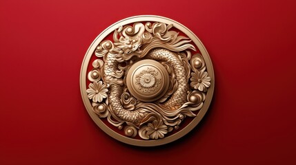 Intricate golden dragon design on a circular shield against a red background.