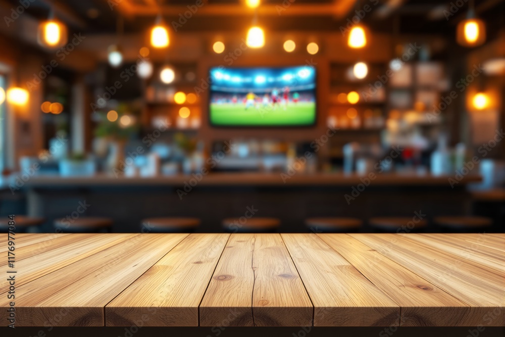 Poster wooden table with blurred bar background and tv screen, warm lights creating cozy atmosphere. perfec