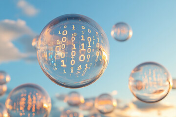 Binary Bubbles Floating in a Tranquil Blue Sky - 1s and 0s Digital Concept