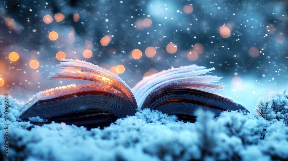 Poster Cozy Winter Reading Open Book in Snow with Gentle Bokeh and Light Flares