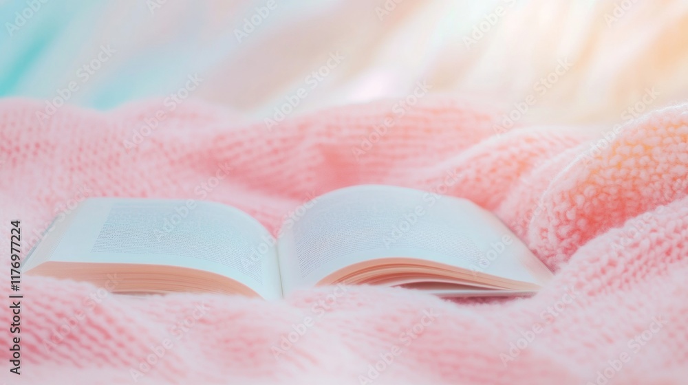 Poster cozy winter reading open book on soft pink blanket with dreamy pastel light