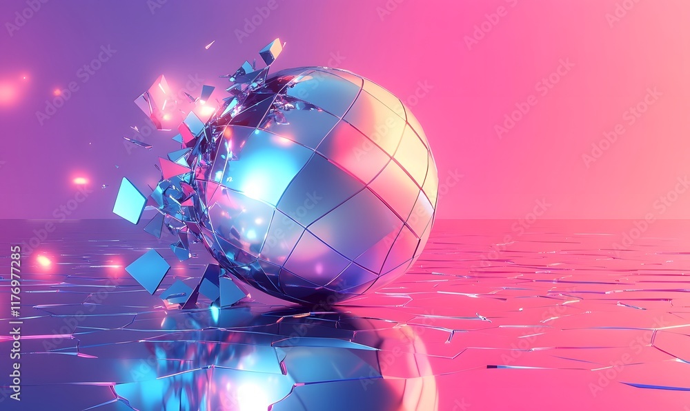 Poster shattered chrome sphere with floating fragments on a glossy surface.