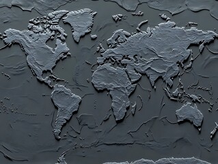 Abstract World Map with Dark Gray Continents, Minimalist Design, and 3D Relief Texture for Modern Graphic Design and Geographical Illustrations