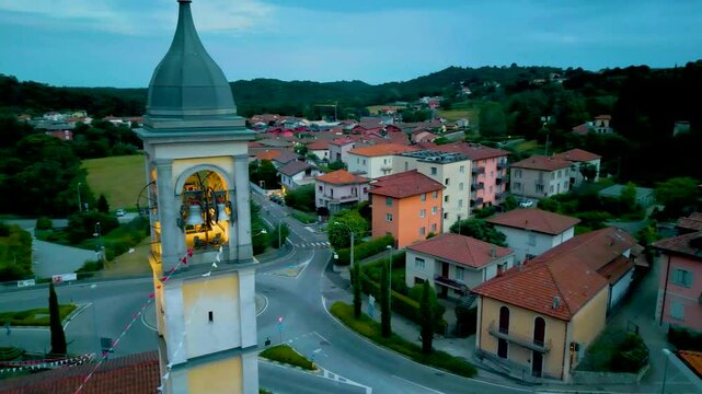 4K Aerial Drone Video of the Bells in the Church Belltower in Cavallasca, Italy on a Summer Evening