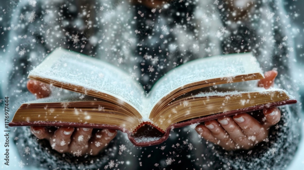 Poster Hands Holding Open Book with Snowflakes A Cozy Winter Reading Scene in Soft Focus