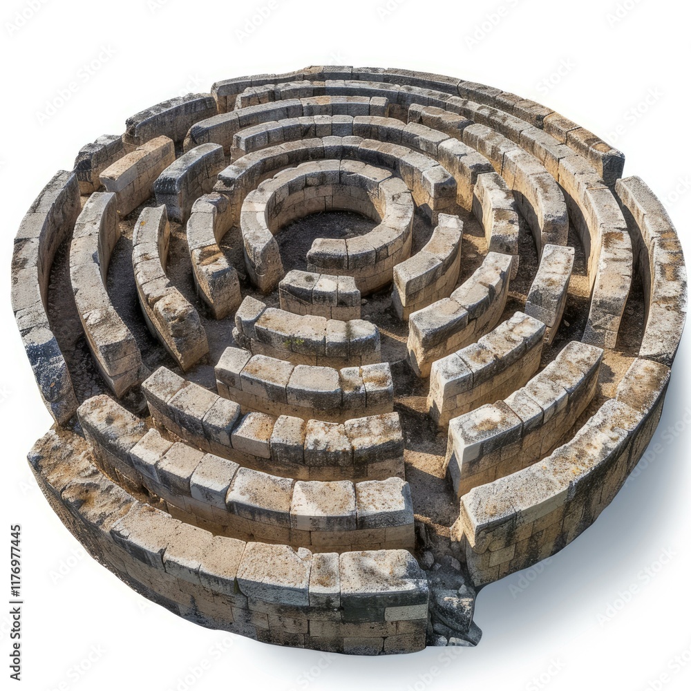 Poster intricate circular labyrinth made of weathered stone walls, creating a mesmerizing pattern with hist