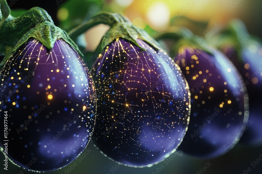 Poster unique close-up of eggplants with sparkling star-like patterns on their surface