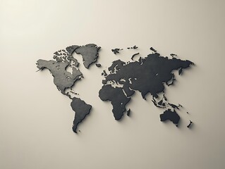 Abstract World Map with Dark Gray Continents, Minimalist Design, and 3D Relief Texture for Modern Graphic Design and Geographical Illustrations