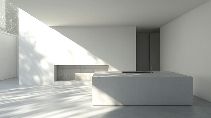 Minimalist white kitchen with sunlight and concrete fireplace.