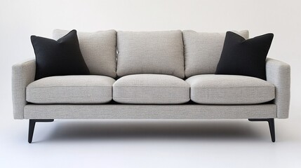 Fototapeta premium Modern gray sofa with black accent pillows positioned against a neutral wall