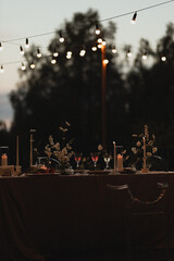 Romantic outdoor table with garlands and flowers, dinner, atmosphere, night