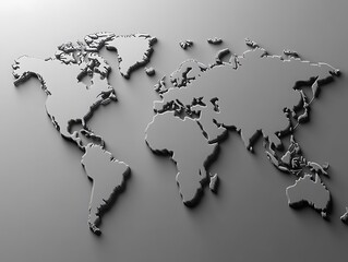 Abstract World Map with Dark Gray Continents, Minimalist Design, and 3D Relief Texture for Modern Graphic Design and Geographical Illustrations