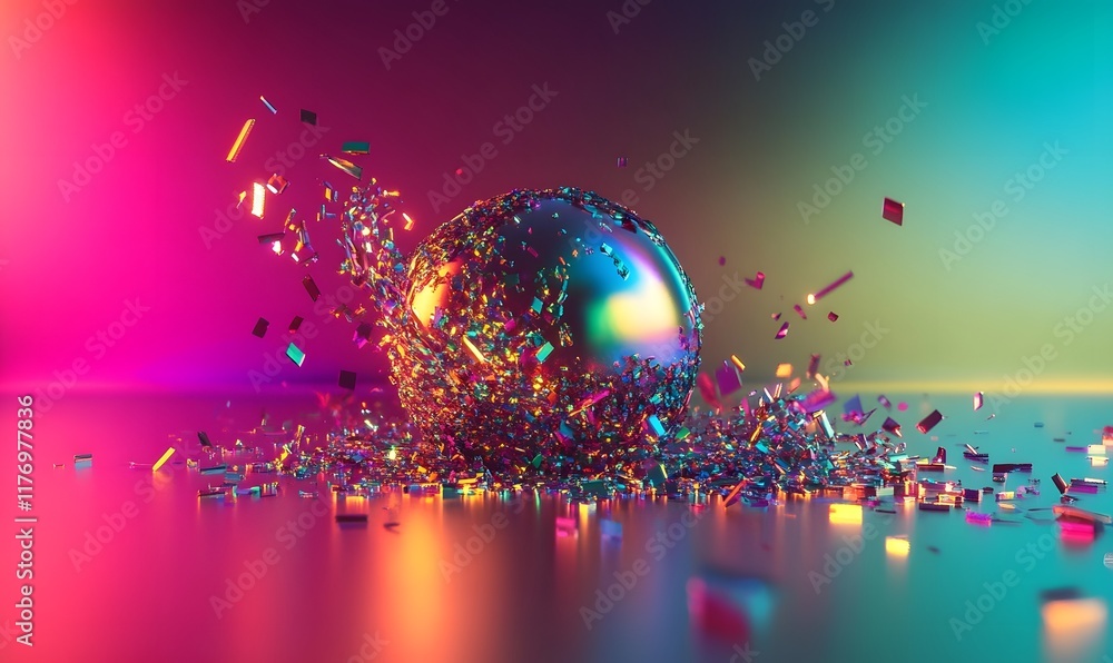 Poster exploding metallic sphere with colorful confetti on reflective surface.