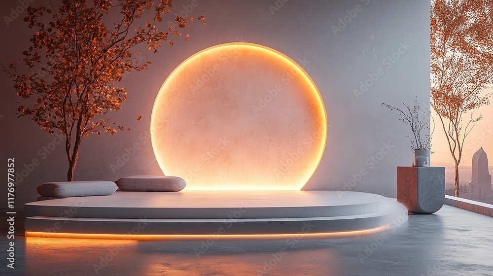 Poster a futuristic 3d podium with a glowing circular design serves as a high-tech stage for a product disp