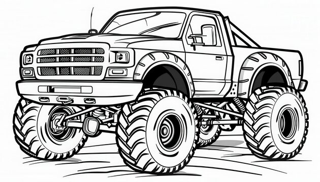 A powerful monster truck ready for off-road adventures. Perfect for coloring pages, t-shirt designs, and posters for kids and adults who love big trucks.