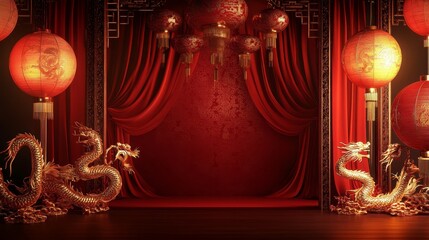 A luxurious Chinese New Year frame with red velvet drapes, golden dragon patterns, and glowing lanterns in a grand hall setting