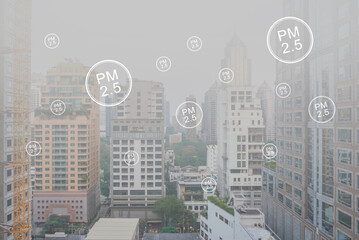 Overlooking the skyline of Bangkok's bustling downtown area. Bangkok skyscrapercity with air pollution PM2.5