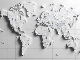 Abstract World Map with Dark Gray Continents, Minimalist Design, and 3D Relief Texture for Modern Graphic Design and Geographical Illustrations