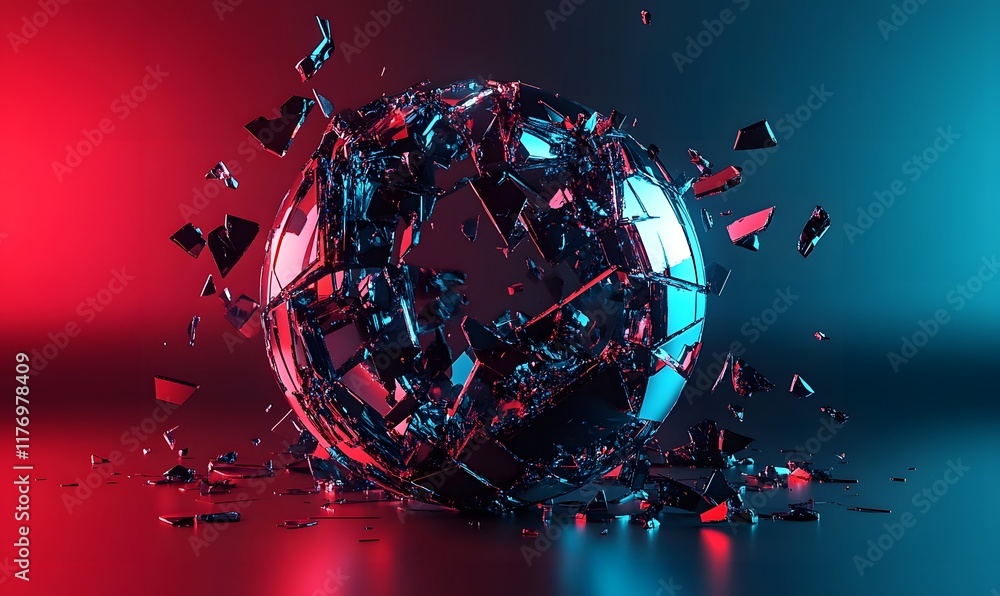 Poster shattered sphere with red and blue light effect.