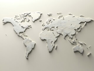 Abstract World Map with Dark Gray Continents, Minimalist Design, and 3D Relief Texture for Modern Graphic Design and Geographical Illustrations
