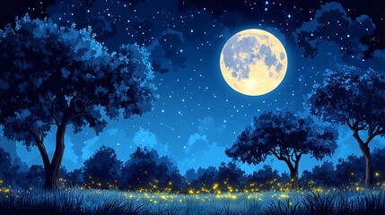 Bright full moon illuminates a serene forest glade filled with fireflies at night