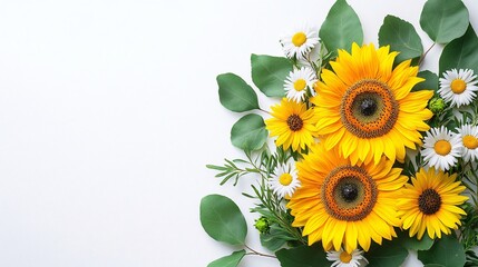 Bright sunflowers and daisies arranged with greenery for a cheerful decoration