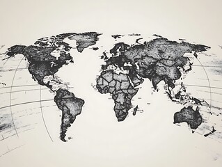 Abstract World Map with Dark Gray Continents, Minimalist Design, and 3D Relief Texture for Modern Graphic Design and Geographical Illustrations