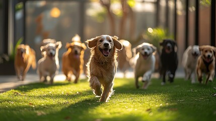 Dogs joyfully running in a sunny outdoor space at a dog daycare facility